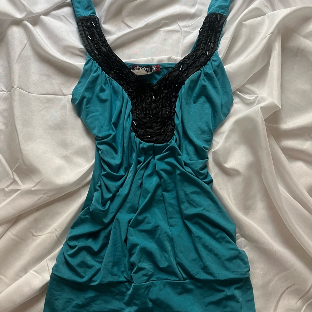 Trixxi Teal Tank Top with Black sequin accents